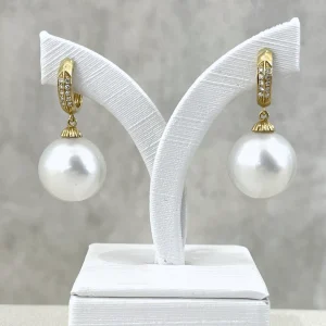 White South Sea Pearl Diamond - Embellished Hoop Earrings