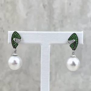 White South Sea Pearl Tsavorite & Diamond Earrings